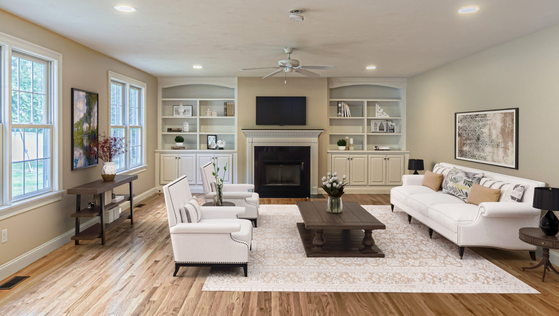 Image of a Virtually Staged Family Room in a 2-story colonial style home in Natick, MA.