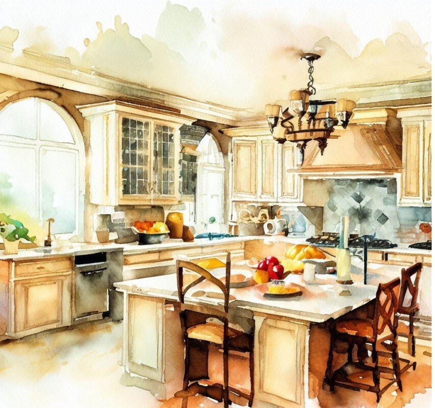 watercolor image of a staged kitchen showing the tricks to selling your house for a bigger profit