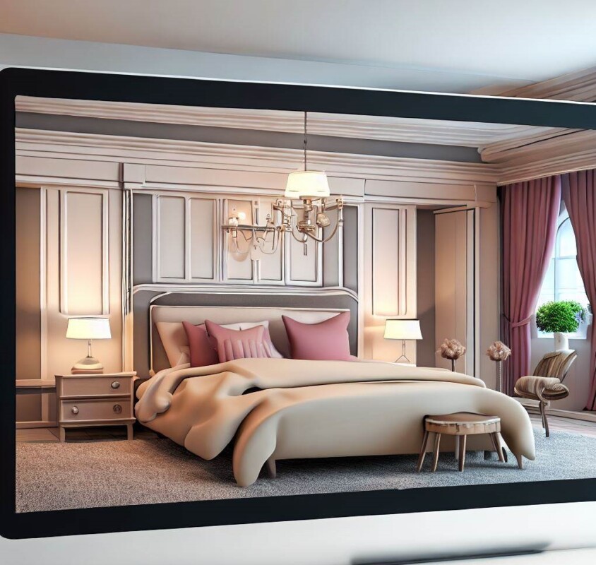 digital image of a staged primary bedroom created by ai depicting the secret weapon for real estate agents - virtual staging