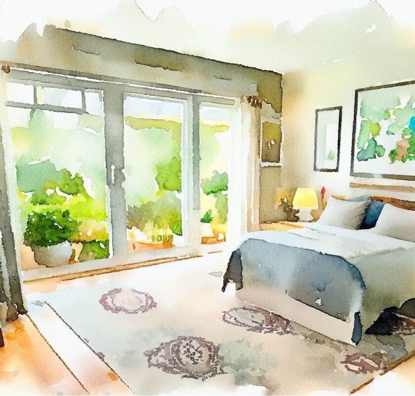 watercolor image of a staged bedroom created by ai showing how to sell more homes in any market with professional home staging