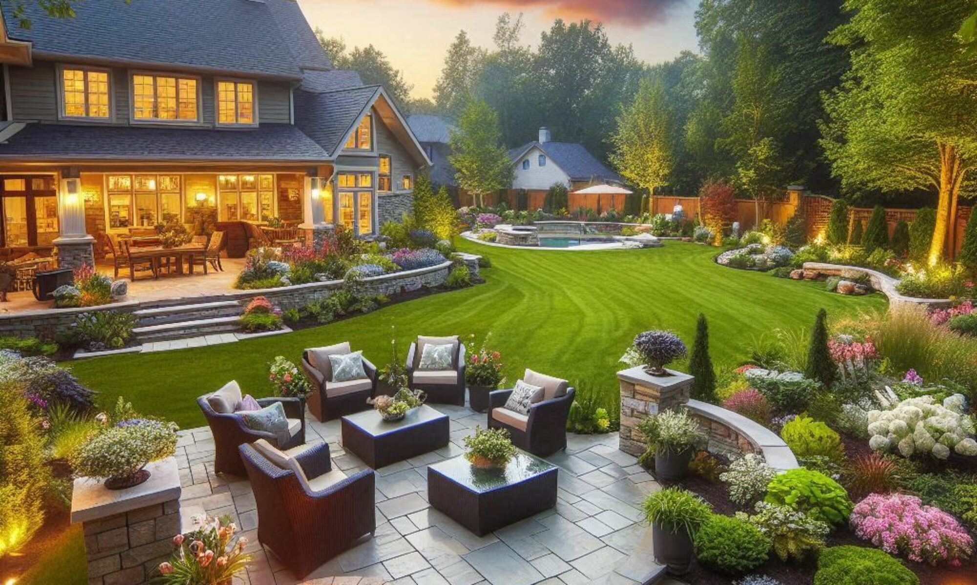 staged backyard oasis with stone landscaping, a patio area with a fire pit, and lush lawns, flower beds, and trees