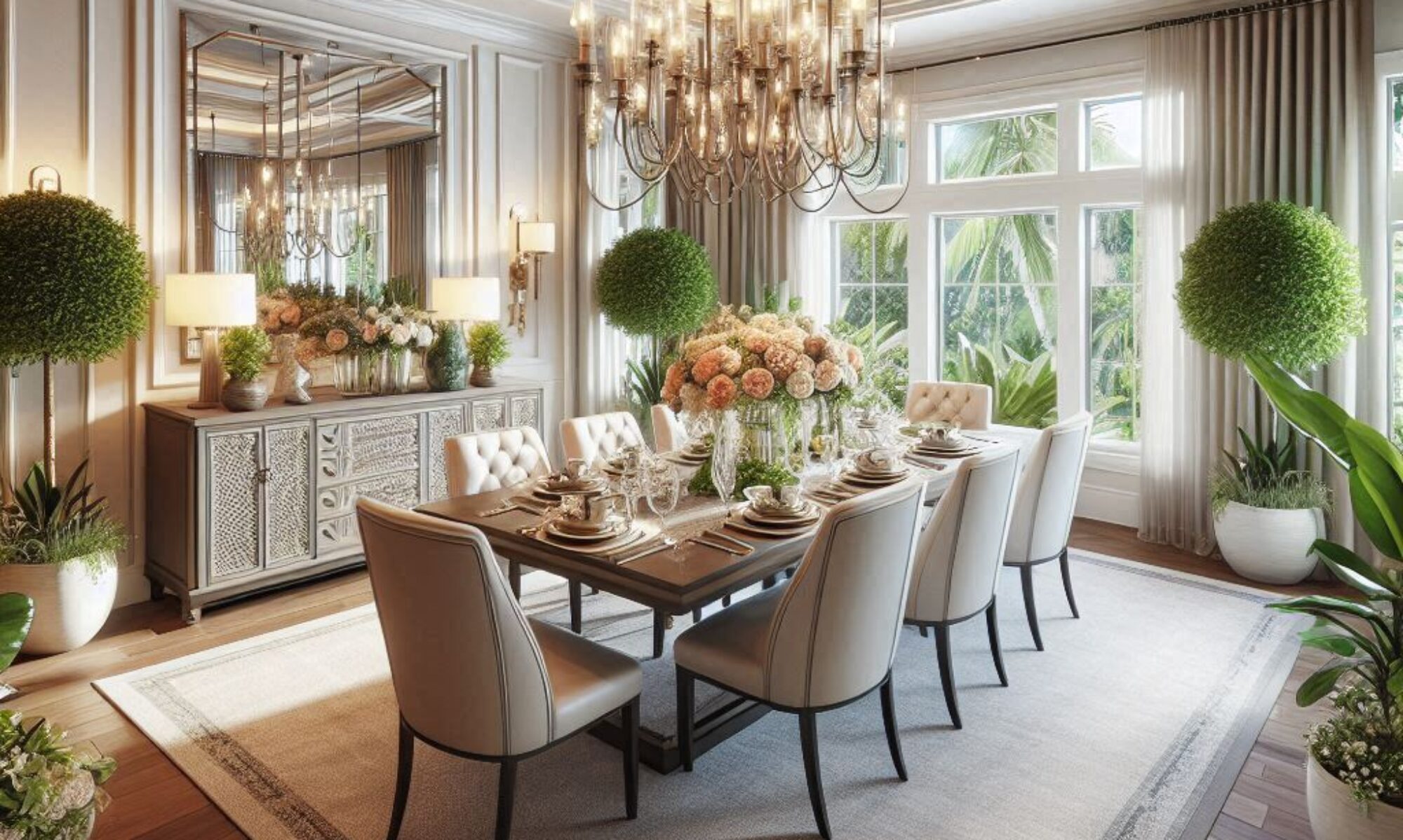 staged dining room with tray ceiling, lights, and plants