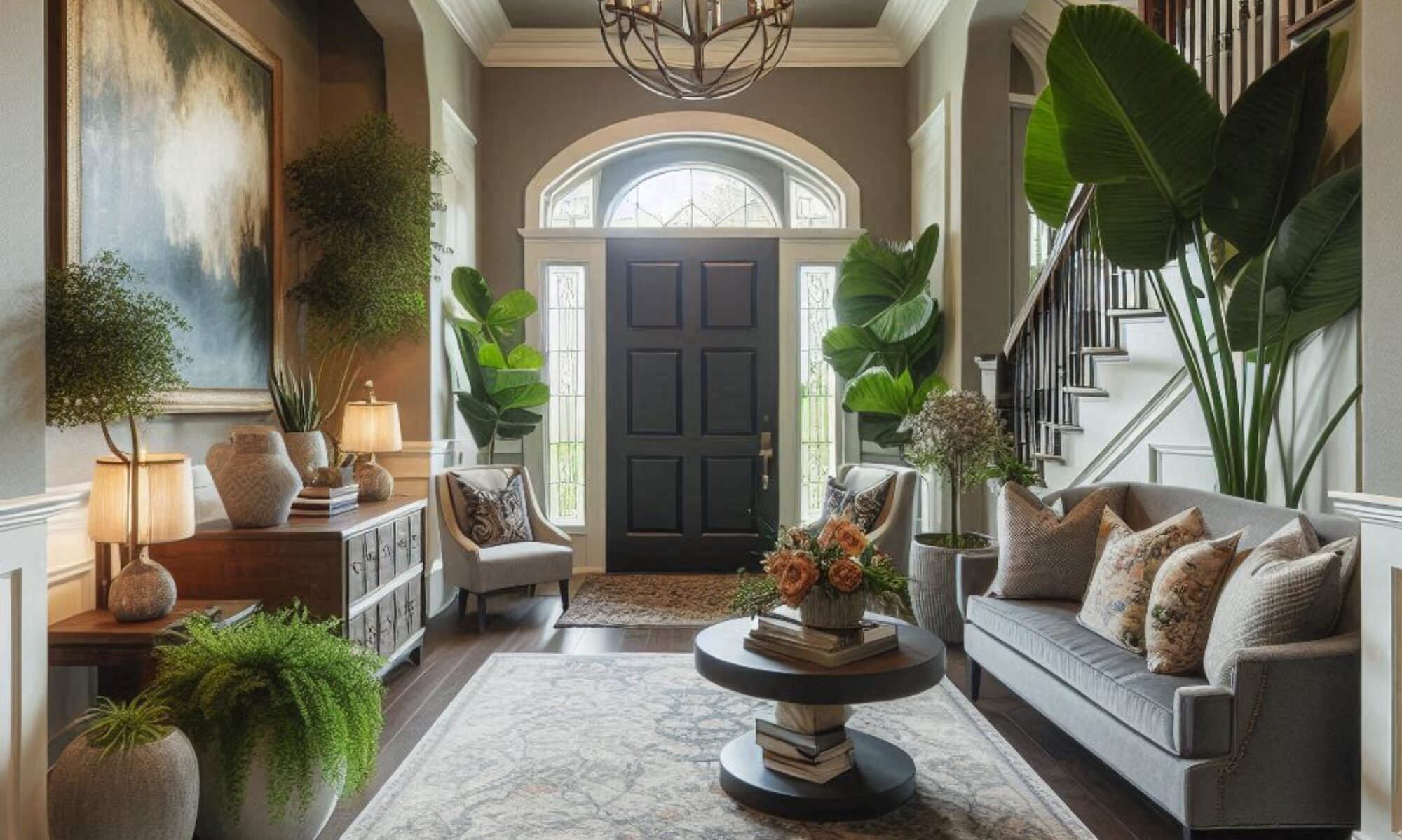 staged entry foyer with plants in an upscale home