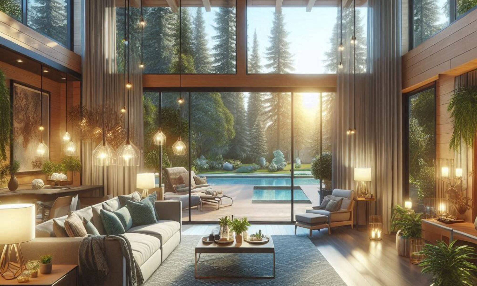 staged family room with lights, plants, and sliding glass doors open to an expansive deck outside and trees in the background