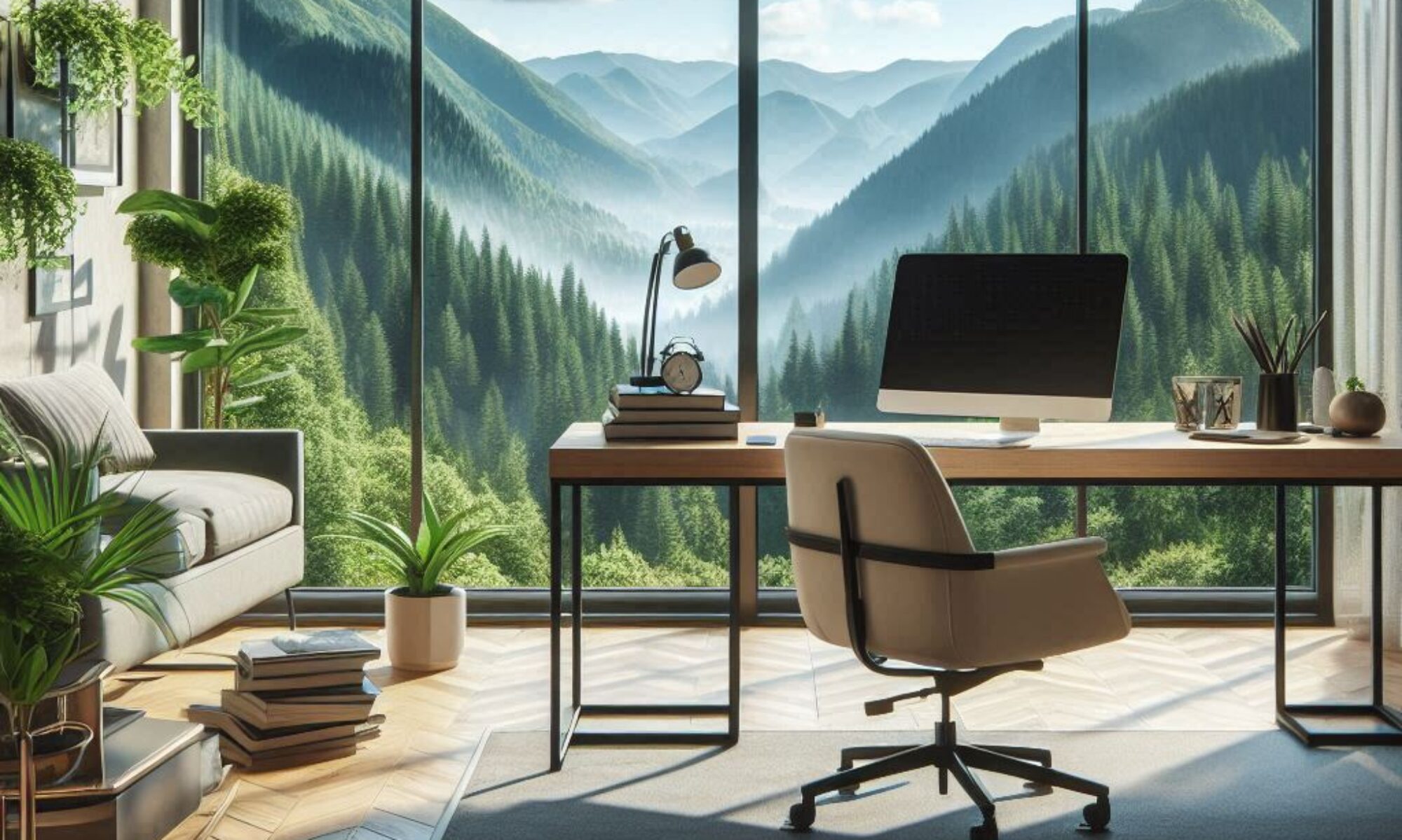 staged home office with a view of the great outdoors