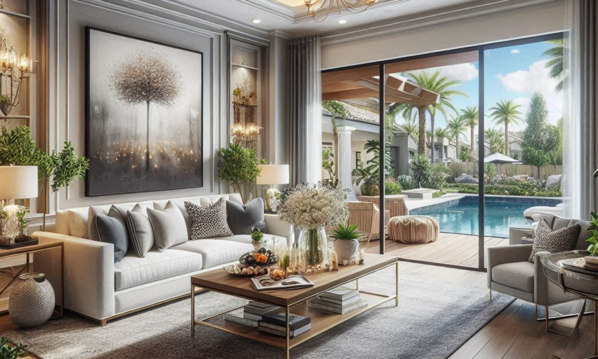 staged living room with tray ceiling, lights, plants, and large sliding glass doors opened to a beautiful outdoors