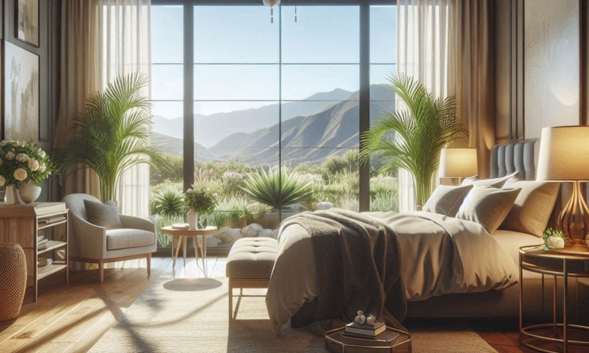 staged master bedroom with a sitting area, plants, and a view through the windows to the mountains in the background